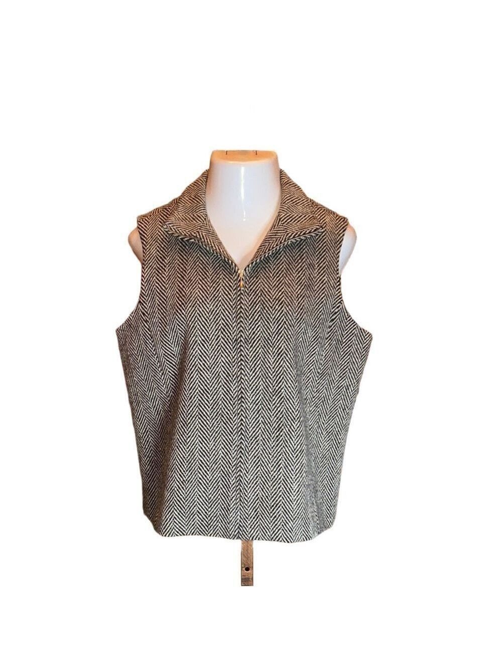 COLDWATER CREEK Gorgeous Wool Black & White Herringbone Print Zip Up Vest Size L
